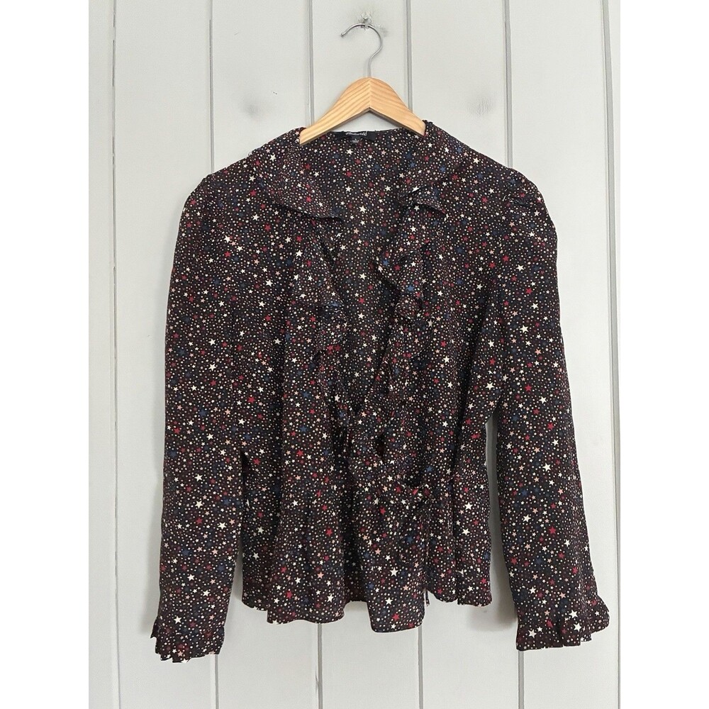 Madewell Top L Large 100% Silk Ruffle Hem Wrap Starry Night V-Neck Peplum K0208